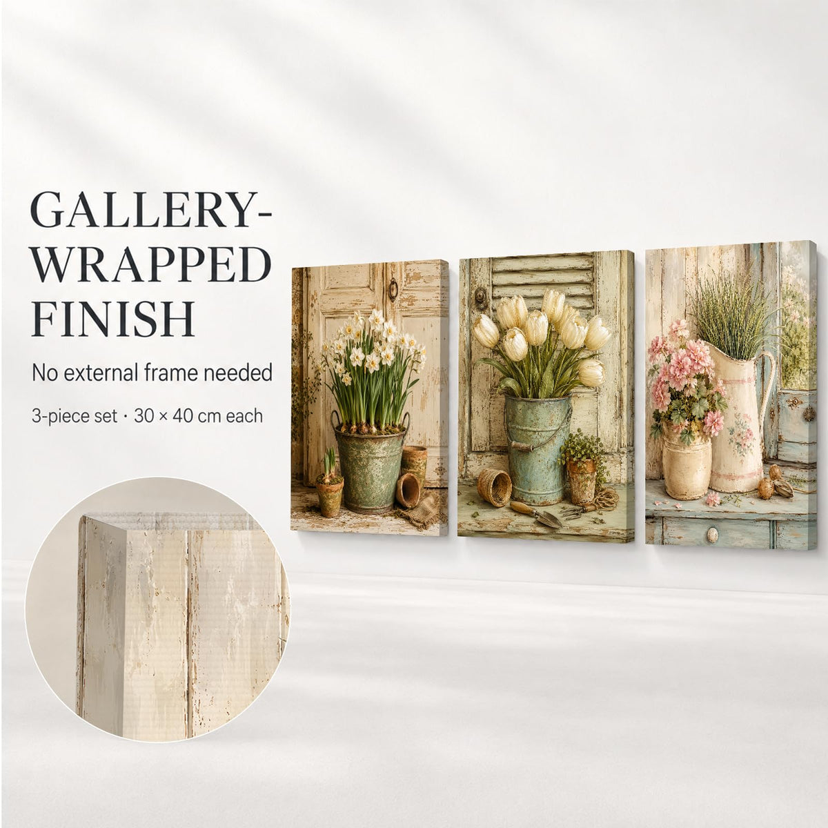 Soft Beige Floral Canvas Prints, Set of 3 Framed 12 x 16 Inch Wall Art