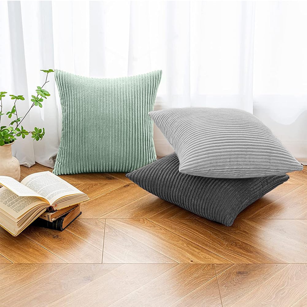 Set of 2 Corduroy Cushion Covers 40cm x 40cm,Soft Striped Square Pillow Case,Cushion Case with Invisible Zipper,Home Boho Decor Pillow Cases for Couch Sofa Bedroom,Living Room-Sage Green