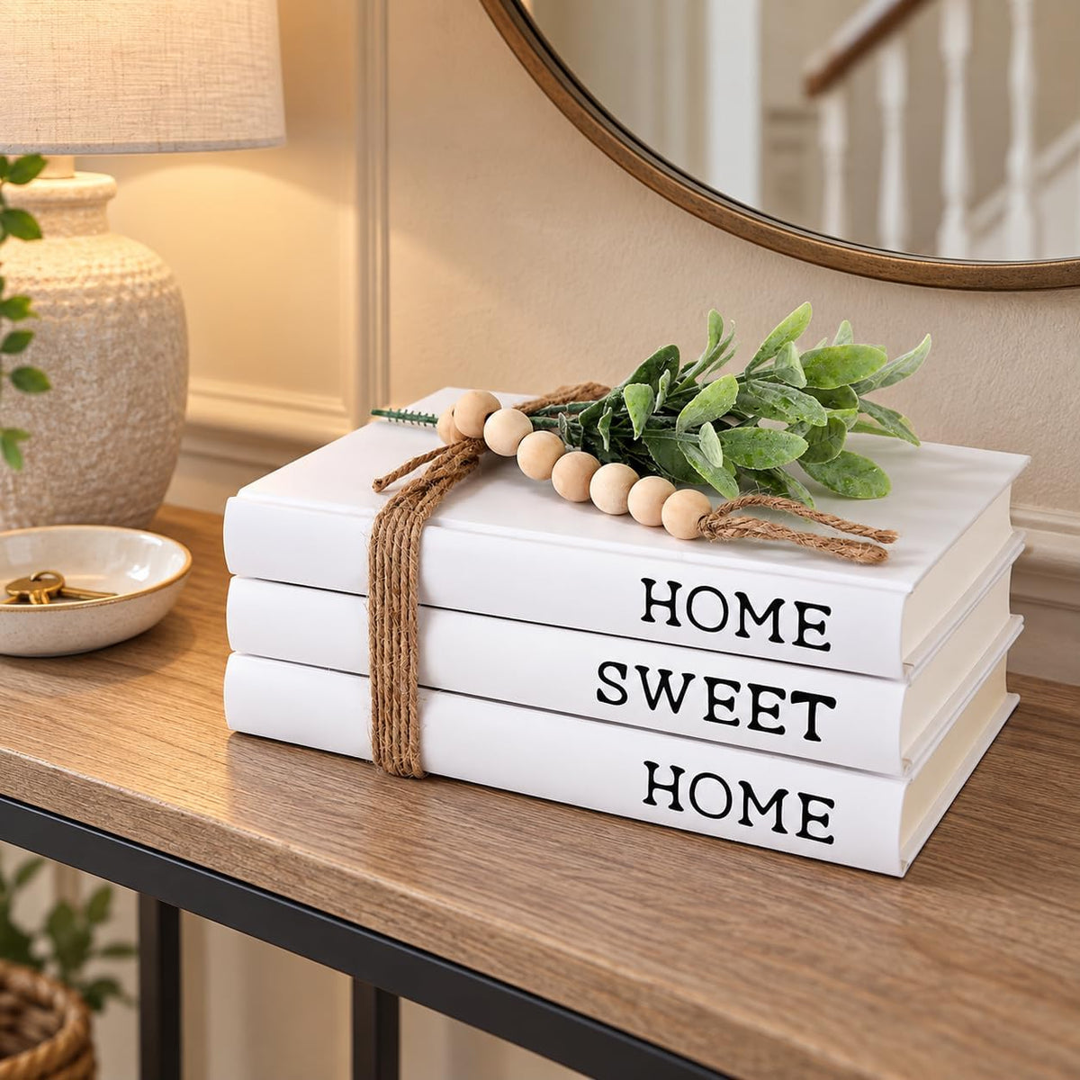 Decorative White Books, Hardcover Books Decorative, Set of 3 Stacked Book for Decorating Coffee Tables and Shelves (Home|Sweet|Home)