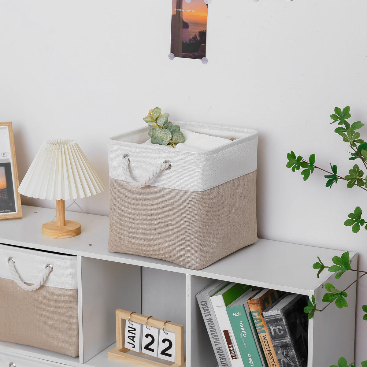 28 x 28 x 28 cm Cube Storage Boxes, 4 Pack Large Collapsible Fabric Storage Bin with Ropes, Foldable Storage Cubes for Home, Office,Closet, Clothes, Toys Organizer (White & Grey)