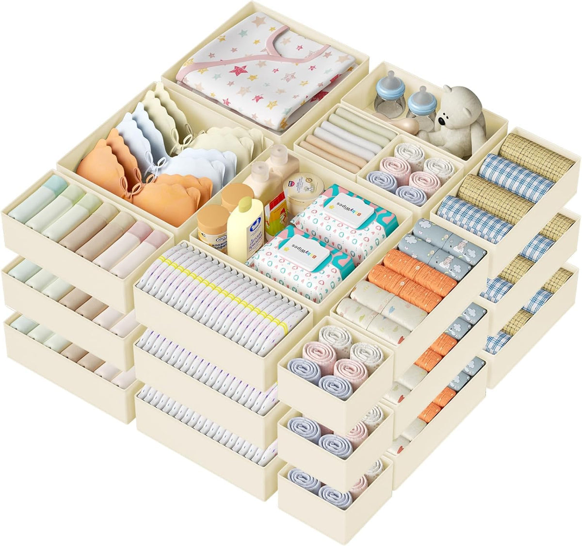 DIMJ 12 Pack Drawer Organisers Foldable Storage Box Fabric Drawer Dividers Wardrobe Storage Organiser Storage Cubes for Bras, Socks, Underwear, Ties, Scarves, Cosmetics