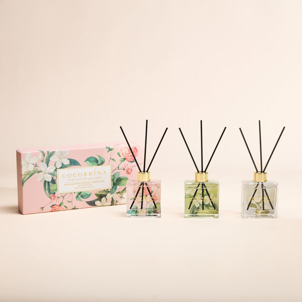 COCORRÍNA Reed Diffuser - 3 Pack/ 90ml with 24 Sticks Reed Diffuser for for House Bedroom Office Decor & Gifts Set (Cashmere Vanilla/Sandalwood Rose/Clean Linen)