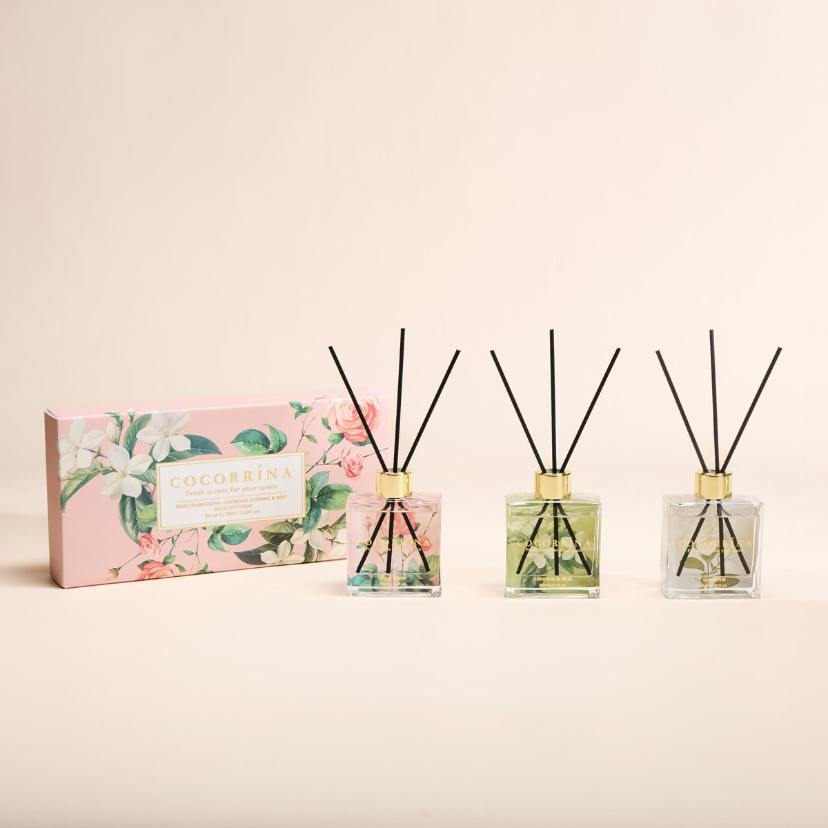 COCORRÍNA Reed Diffuser - 3 Pack/ 90ml with 24 Sticks Reed Diffuser for for House Bedroom Office Decor & Gifts Set (Cashmere Vanilla/Sandalwood Rose/Clean Linen)