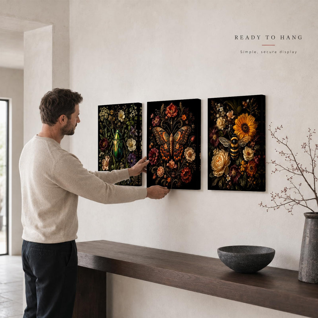 Soft Beige Floral Canvas Prints, Set of 3 Framed 12 x 16 Inch Wall Art