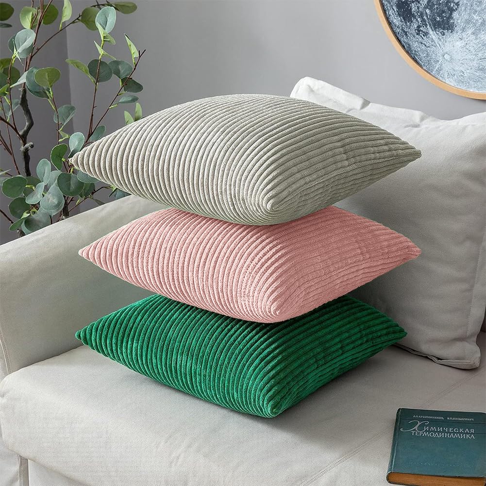 Set of 2 Corduroy Cushion Covers 40cm x 40cm,Soft Striped Square Pillow Case,Cushion Case with Invisible Zipper,Home Boho Decor Pillow Cases for Couch Sofa Bedroom,Living Room-Sage Green