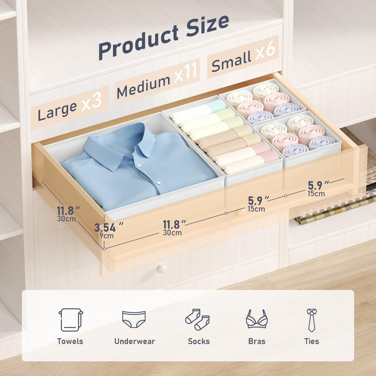 DIMJ 12 Pack Drawer Organisers Foldable Storage Box Fabric Drawer Dividers Wardrobe Storage Organiser Storage Cubes for Bras, Socks, Underwear, Ties, Scarves, Cosmetics