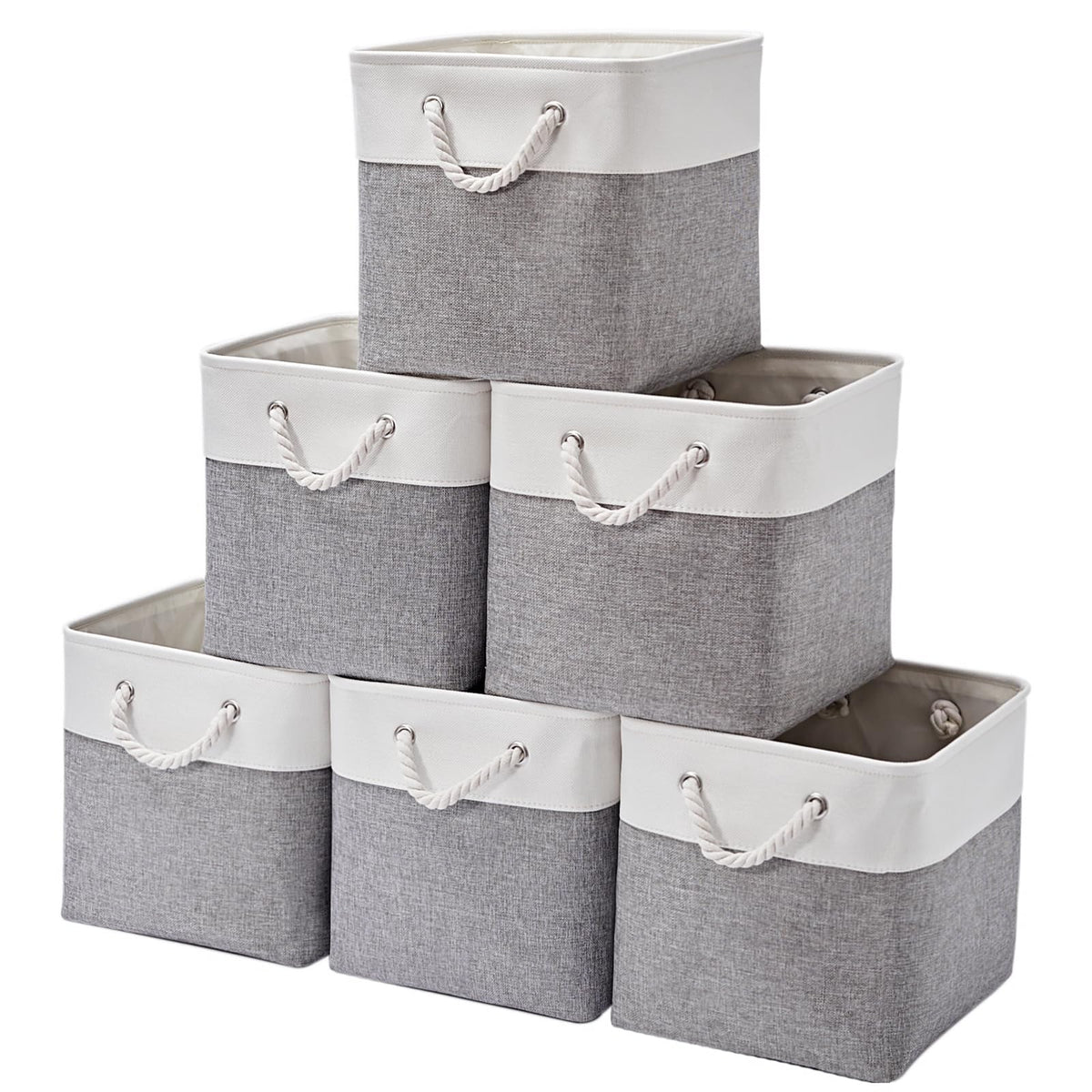 28 x 28 x 28 cm Cube Storage Boxes, 4 Pack Large Collapsible Fabric Storage Bin with Ropes, Foldable Storage Cubes for Home, Office,Closet, Clothes, Toys Organizer (White & Grey)