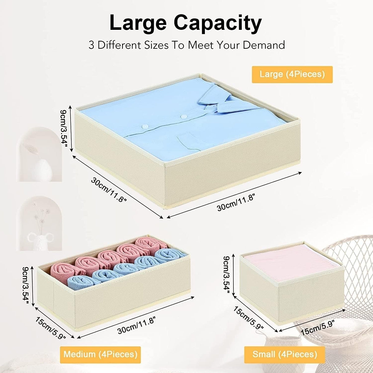 DIMJ 12 Pack Drawer Organisers Foldable Storage Box Fabric Drawer Dividers Wardrobe Storage Organiser Storage Cubes for Bras, Socks, Underwear, Ties, Scarves, Cosmetics