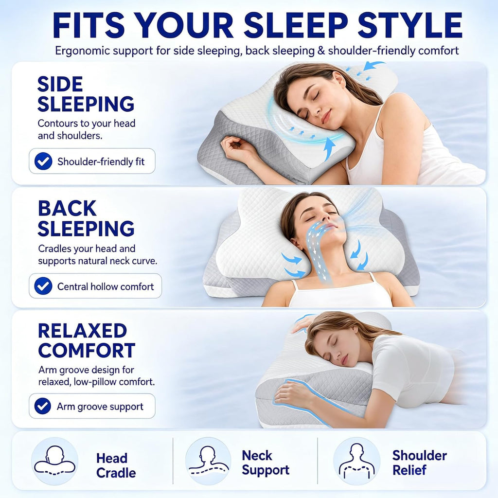 Hydomi Orthopaedic Cervical Pillow for Neck and Shoulder Pain Relief, Memory Foam Neck Support Pillow for Side, Back &Stomach Sleepers, Ergonomic Contour Bed Pillow with Armrest Design, Washable Cover