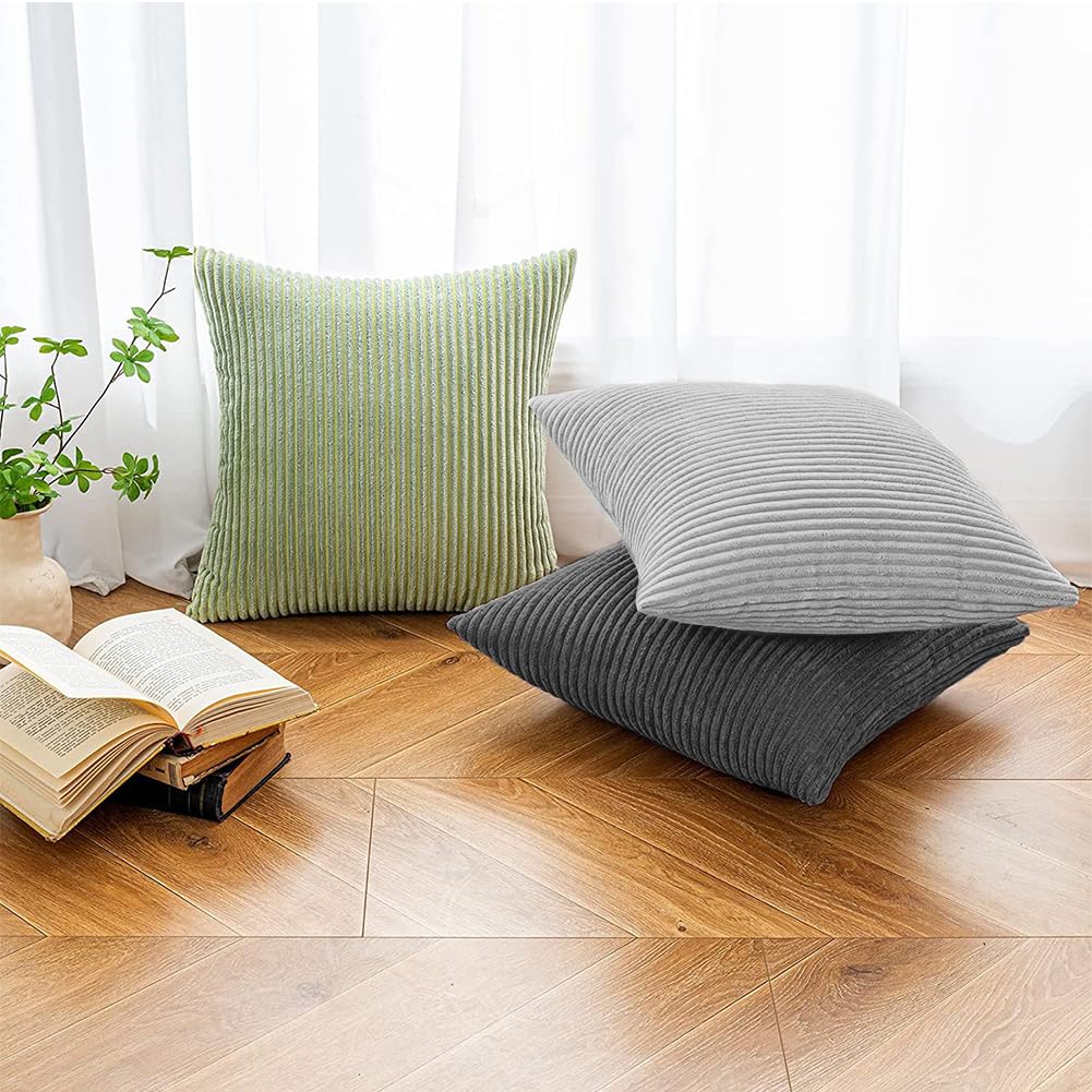 Set of 2 Corduroy Cushion Covers 40cm x 40cm,Soft Striped Square Pillow Case,Cushion Case with Invisible Zipper,Home Boho Decor Pillow Cases for Couch Sofa Bedroom,Living Room-Sage Green