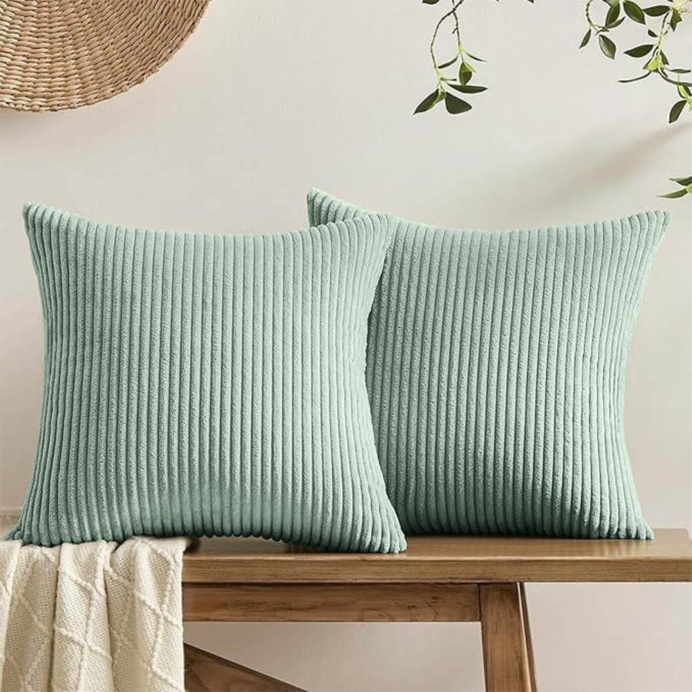 Set of 2 Corduroy Cushion Covers 40cm x 40cm,Soft Striped Square Pillow Case,Cushion Case with Invisible Zipper,Home Boho Decor Pillow Cases for Couch Sofa Bedroom,Living Room-Sage Green