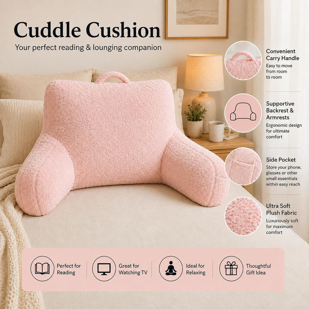 rejuvopedic Reading Cuddle Cushion – Natural, Super Soft Teddy Fleece Comfort Cushion with Pocket & Carry Handle