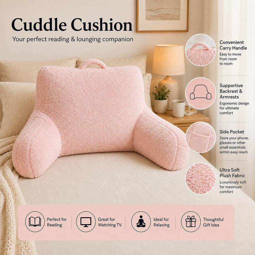 rejuvopedic Reading Cuddle Cushion – Natural, Super Soft Teddy Fleece Comfort Cushion with Pocket & Carry Handle