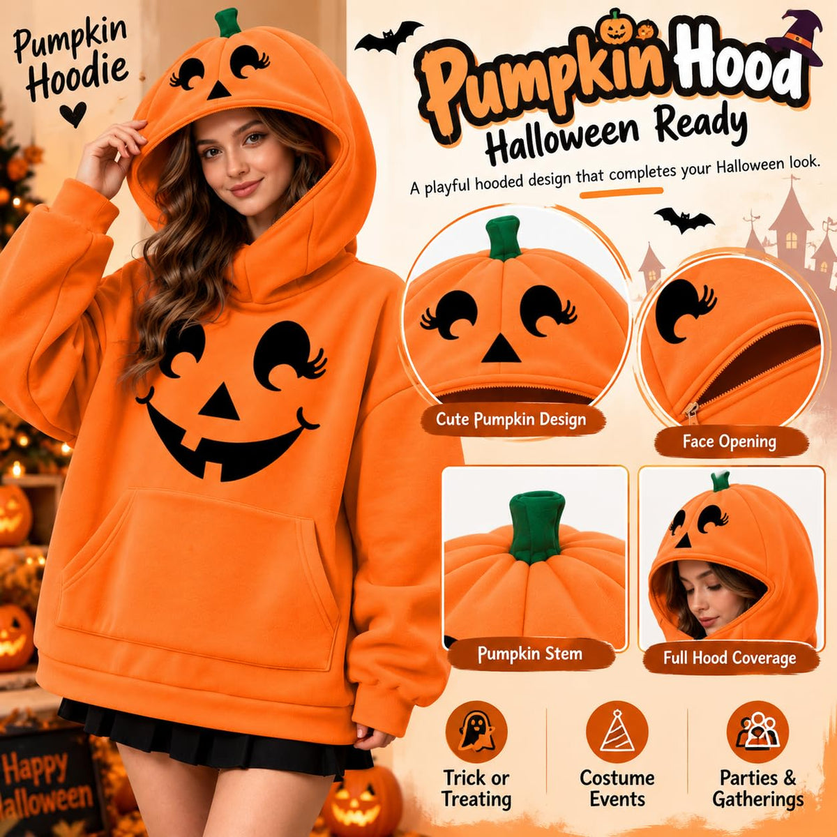 Halloween Jumper Women's Halloween Pumpkin Hoodie Long Sleeve Oversized Sweatshirt Relaxed Oversized, Comfortable, Funny, Novelty, Halloween Parties, Costume Events, Trick or Treating, Gatherings