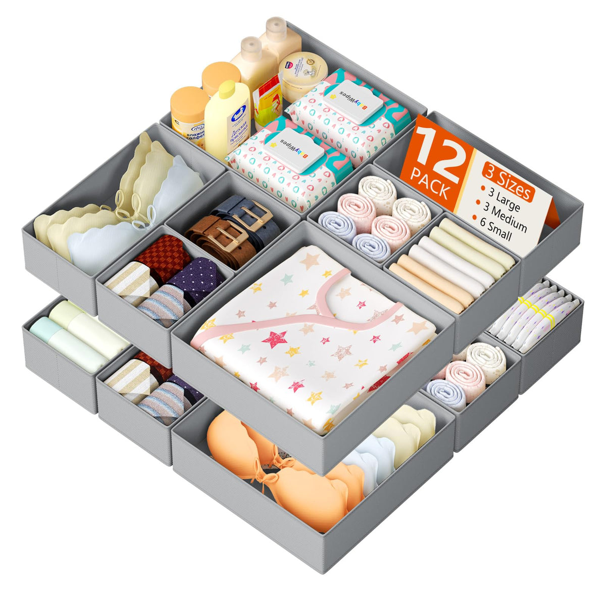 DIMJ 12 Pack Drawer Organisers Foldable Storage Box Fabric Drawer Dividers Wardrobe Storage Organiser Storage Cubes for Bras, Socks, Underwear, Ties, Scarves, Cosmetics