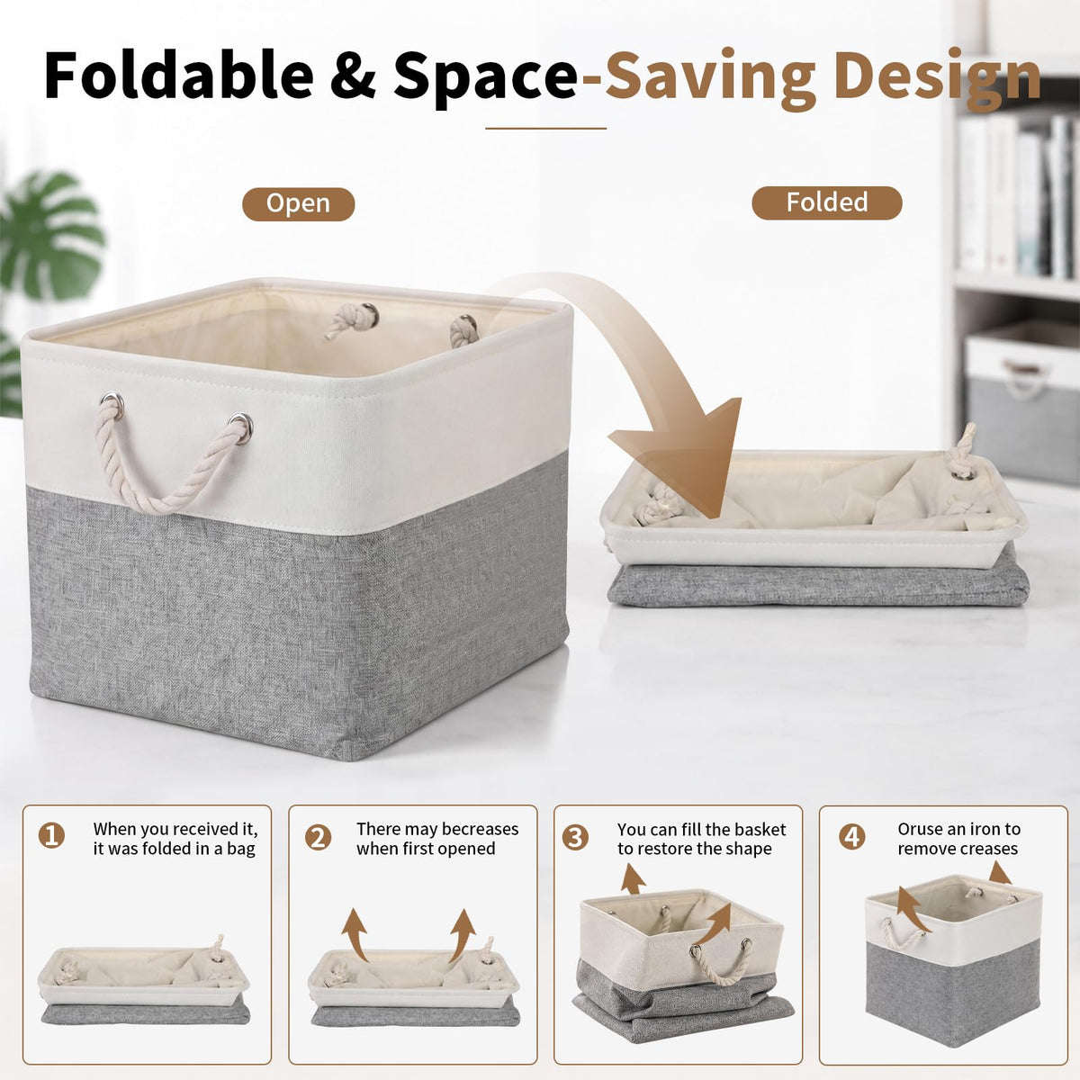 28 x 28 x 28 cm Cube Storage Boxes, 4 Pack Large Collapsible Fabric Storage Bin with Ropes, Foldable Storage Cubes for Home, Office,Closet, Clothes, Toys Organizer (White & Grey)