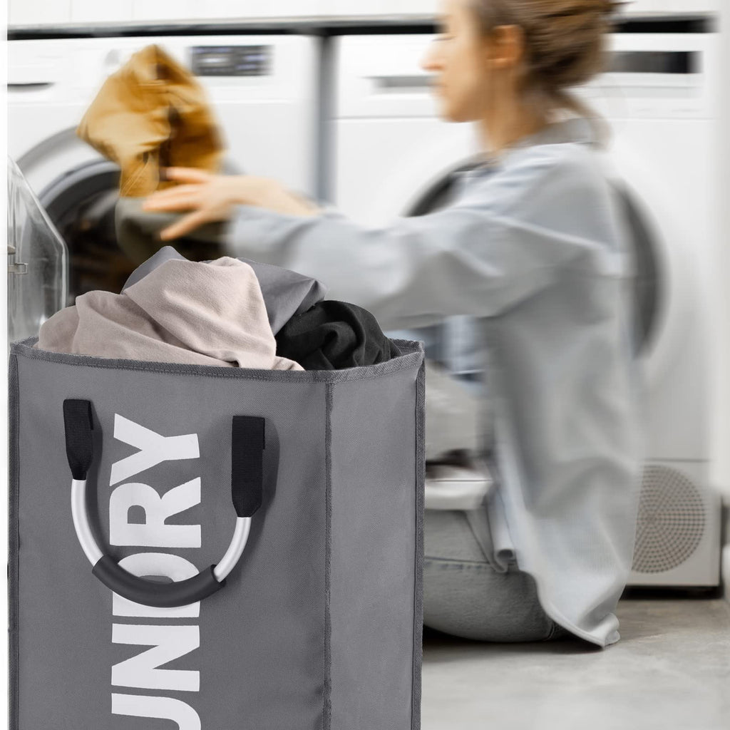 DOKEHOM 80L Collapsible Laundry Basket Bag with 2 Sections, Dark Grey