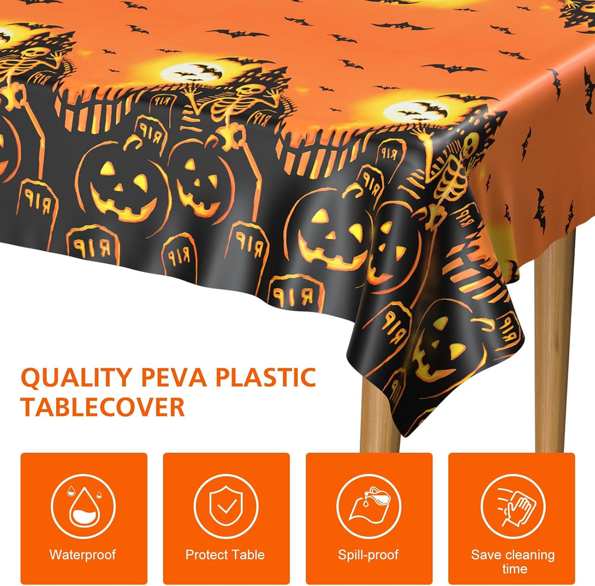 PLULON Halloween Tablecloth 137x 274cm Pumpkin Bat Skeleton Skull Plastic Table Cloth Happy Halloween Table Cover for Holiday Dinner Table Decorations Halloween Party Supplies