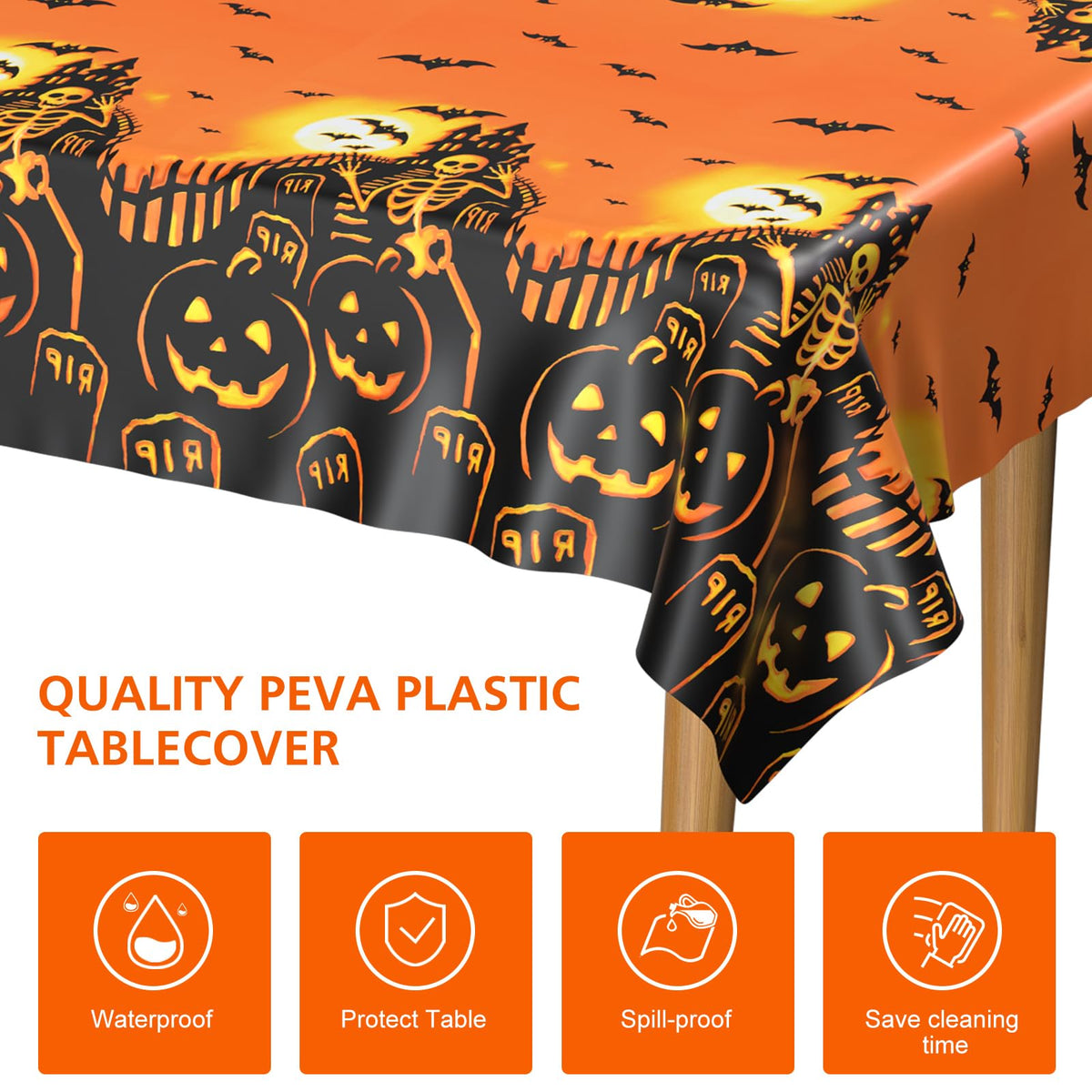 PLULON Halloween Tablecloth 137x 274cm Pumpkin Bat Skeleton Skull Plastic Table Cloth Happy Halloween Table Cover for Holiday Dinner Table Decorations Halloween Party Supplies