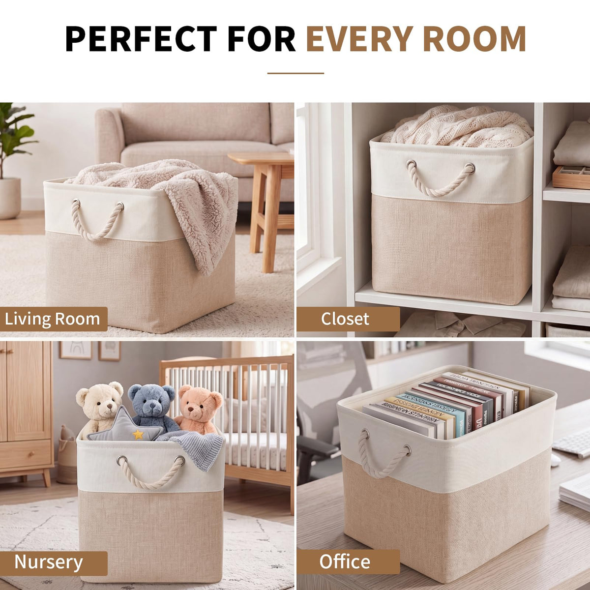 28 x 28 x 28 cm Cube Storage Boxes, 4 Pack Large Collapsible Fabric Storage Bin with Ropes, Foldable Storage Cubes for Home, Office,Closet, Clothes, Toys Organizer (White & Grey)
