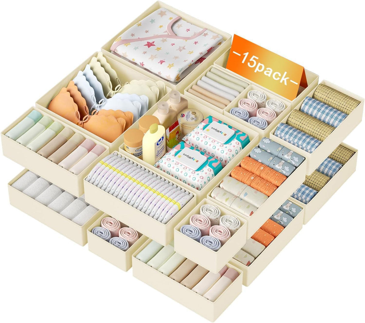 DIMJ 12 Pack Drawer Organisers Foldable Storage Box Fabric Drawer Dividers Wardrobe Storage Organiser Storage Cubes for Bras, Socks, Underwear, Ties, Scarves, Cosmetics