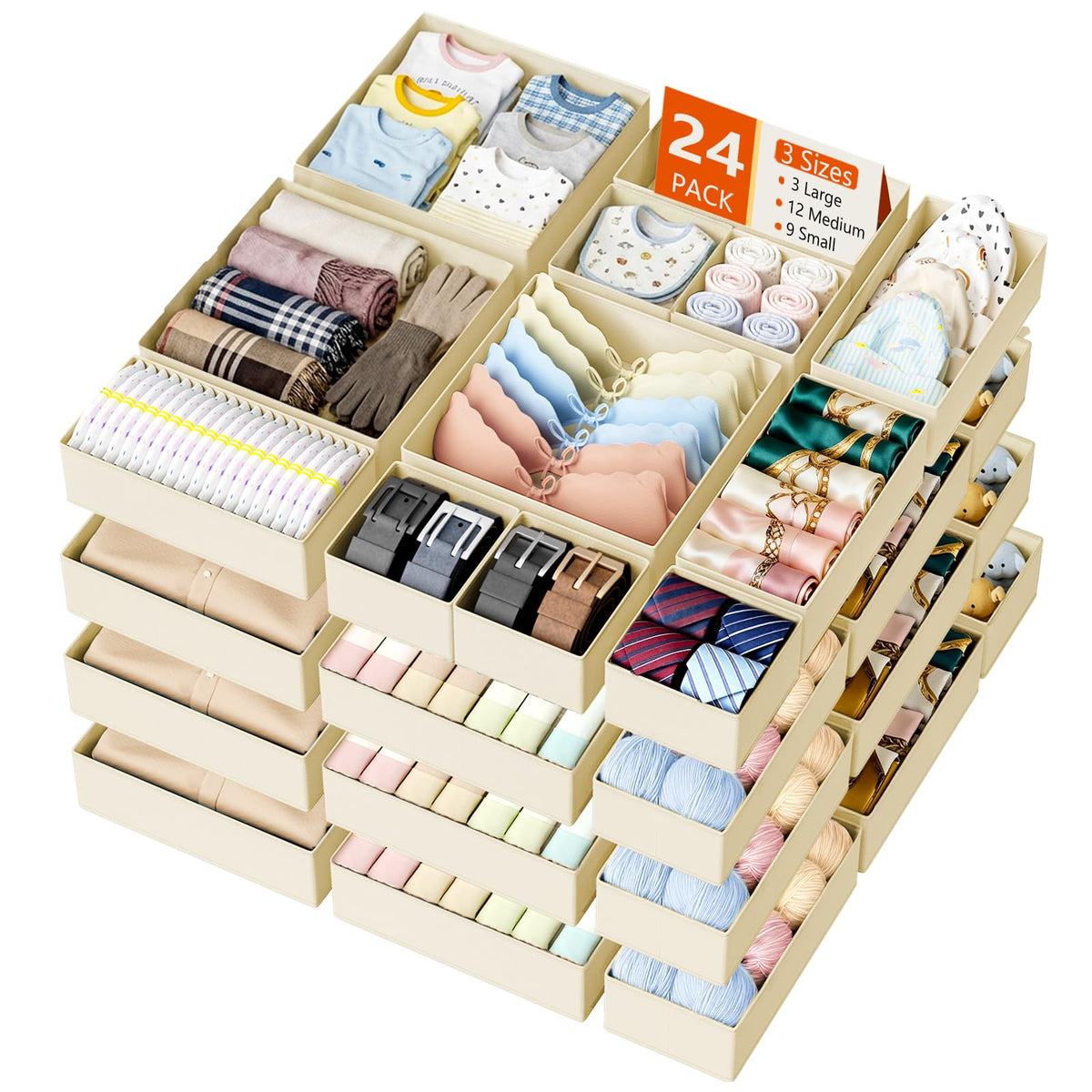 DIMJ 12 Pack Drawer Organisers Foldable Storage Box Fabric Drawer Dividers Wardrobe Storage Organiser Storage Cubes for Bras, Socks, Underwear, Ties, Scarves, Cosmetics