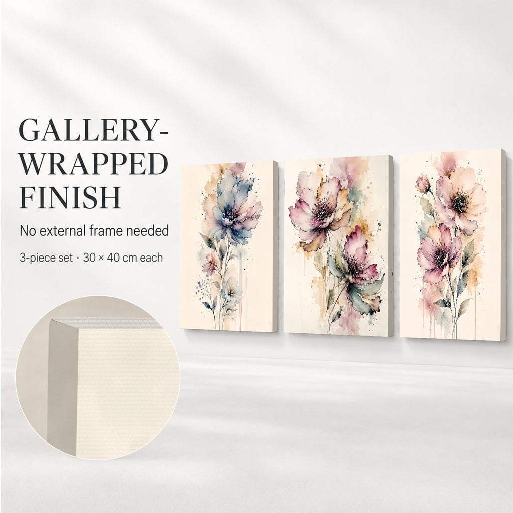 Soft Beige Floral Canvas Prints, Set of 3 Framed 12 x 16 Inch Wall Art