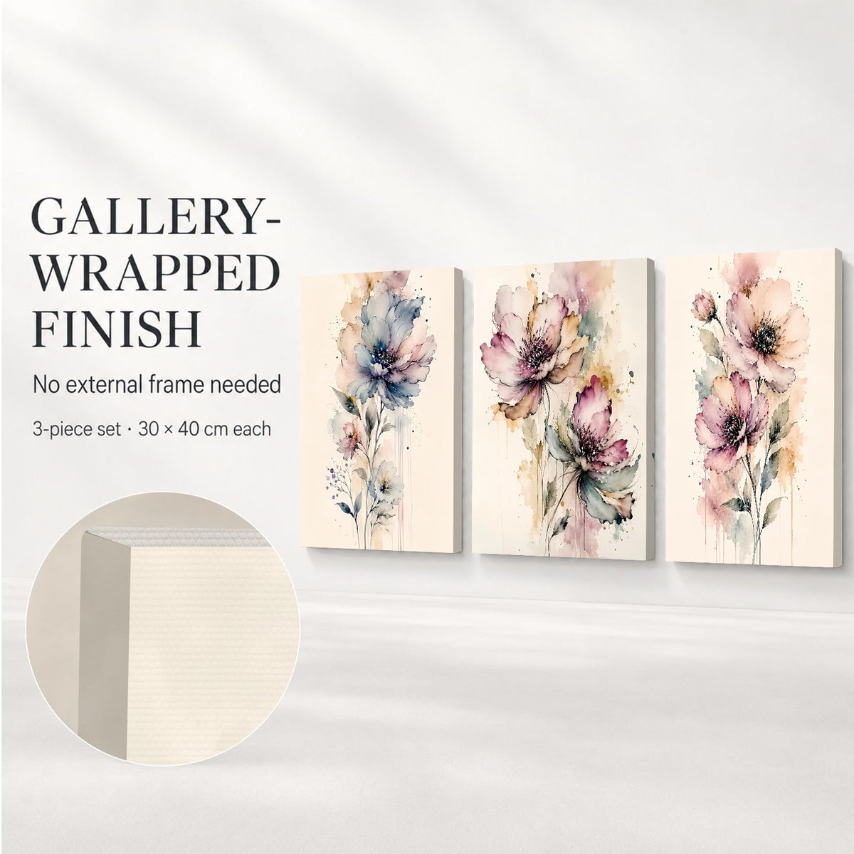 Soft Beige Floral Canvas Prints, Set of 3 Framed 12 x 16 Inch Wall Art