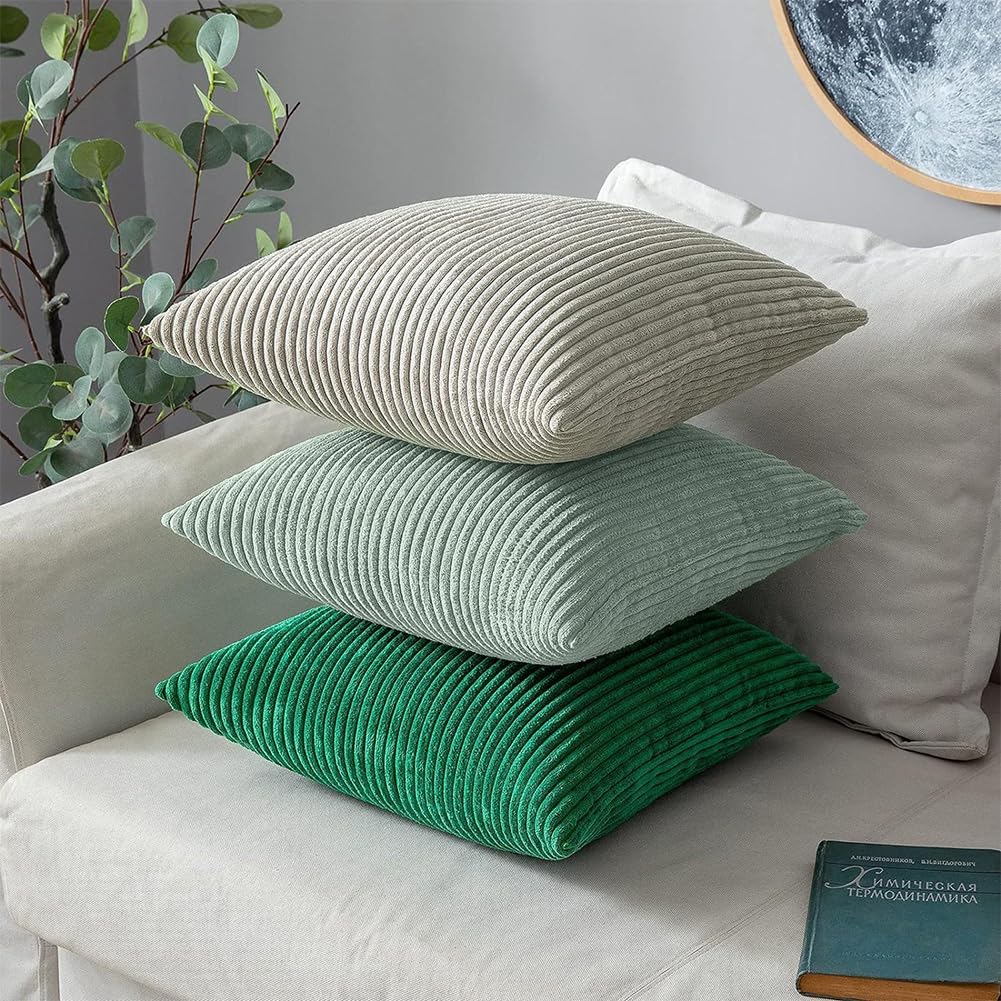 Set of 2 Corduroy Cushion Covers 40cm x 40cm,Soft Striped Square Pillow Case,Cushion Case with Invisible Zipper,Home Boho Decor Pillow Cases for Couch Sofa Bedroom,Living Room-Sage Green