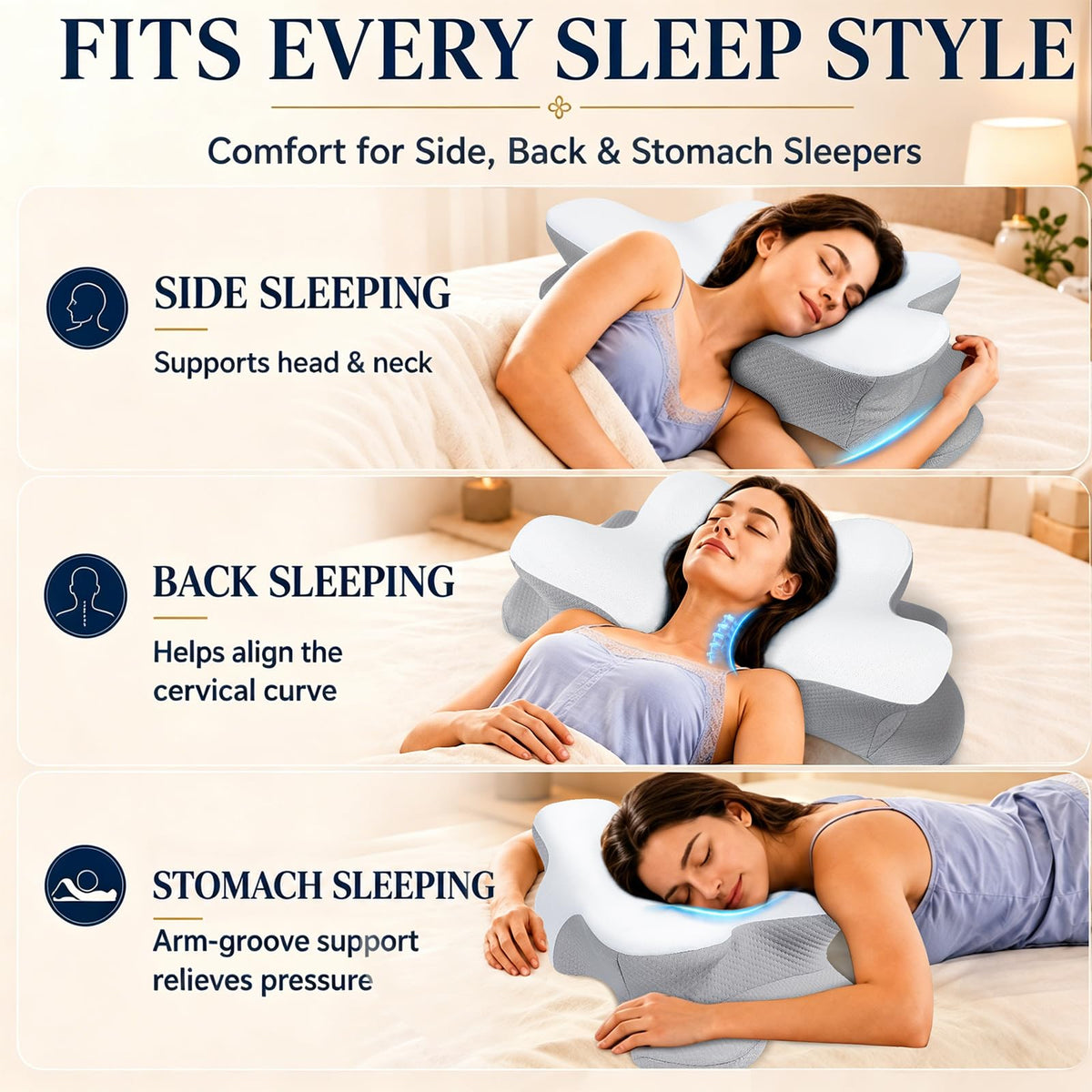 Hydomi Orthopaedic Cervical Pillow for Neck and Shoulder Pain Relief, Memory Foam Neck Support Pillow for Side, Back &Stomach Sleepers, Ergonomic Contour Bed Pillow with Armrest Design, Washable Cover