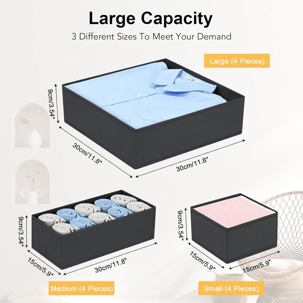 DIMJ 12 Pack Drawer Organisers Foldable Storage Box Fabric Drawer Dividers Wardrobe Storage Organiser Storage Cubes for Bras, Socks, Underwear, Ties, Scarves, Cosmetics