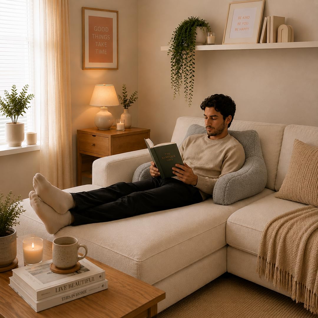 rejuvopedic Reading Cuddle Cushion – Natural, Super Soft Teddy Fleece Comfort Cushion with Pocket & Carry Handle