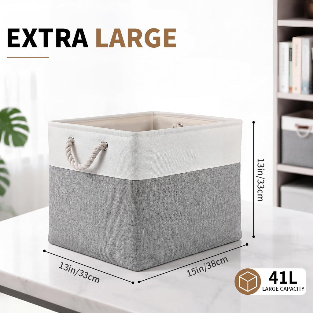 28 x 28 x 28 cm Cube Storage Boxes, 4 Pack Large Collapsible Fabric Storage Bin with Ropes, Foldable Storage Cubes for Home, Office,Closet, Clothes, Toys Organizer (White & Grey)
