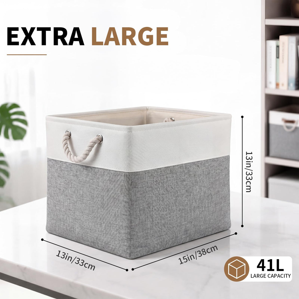 28 x 28 x 28 cm Cube Storage Boxes, 4 Pack Large Collapsible Fabric Storage Bin with Ropes, Foldable Storage Cubes for Home, Office,Closet, Clothes, Toys Organizer (White & Grey)