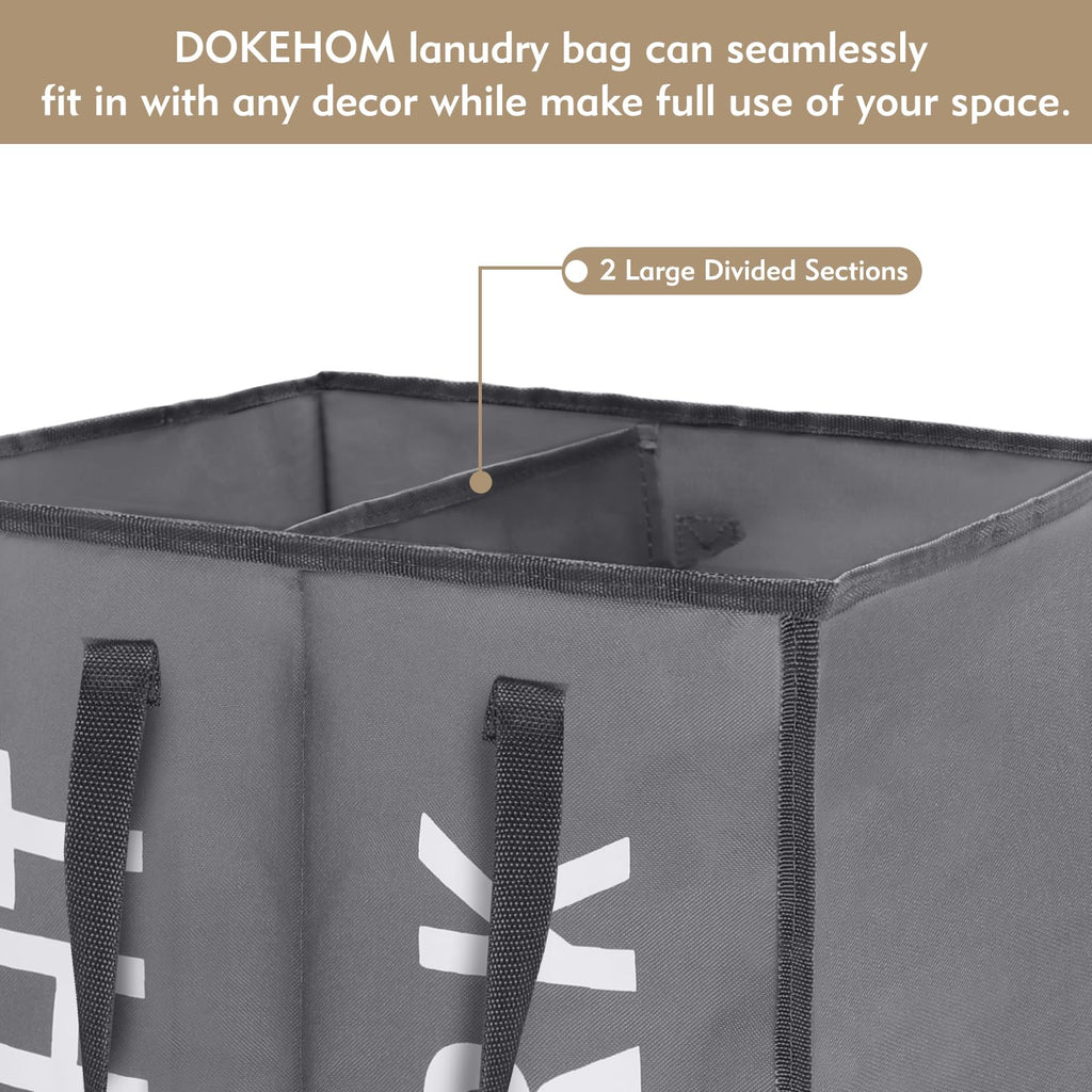 DOKEHOM 80L Collapsible Laundry Basket Bag with 2 Sections, Dark Grey