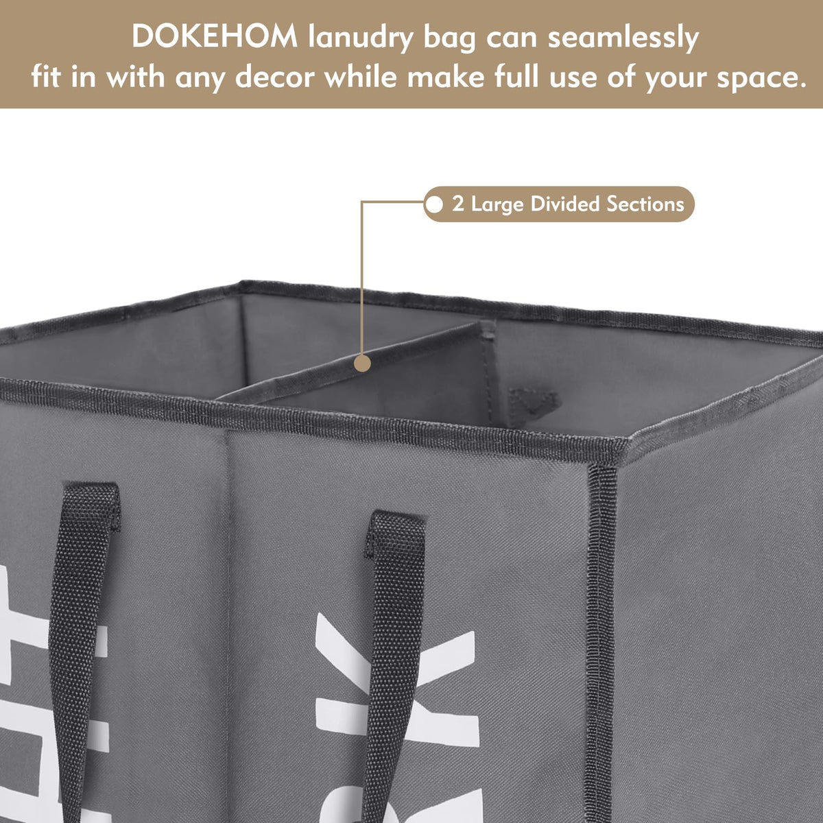 DOKEHOM 80L Collapsible Laundry Basket Bag with 2 Sections, Dark Grey