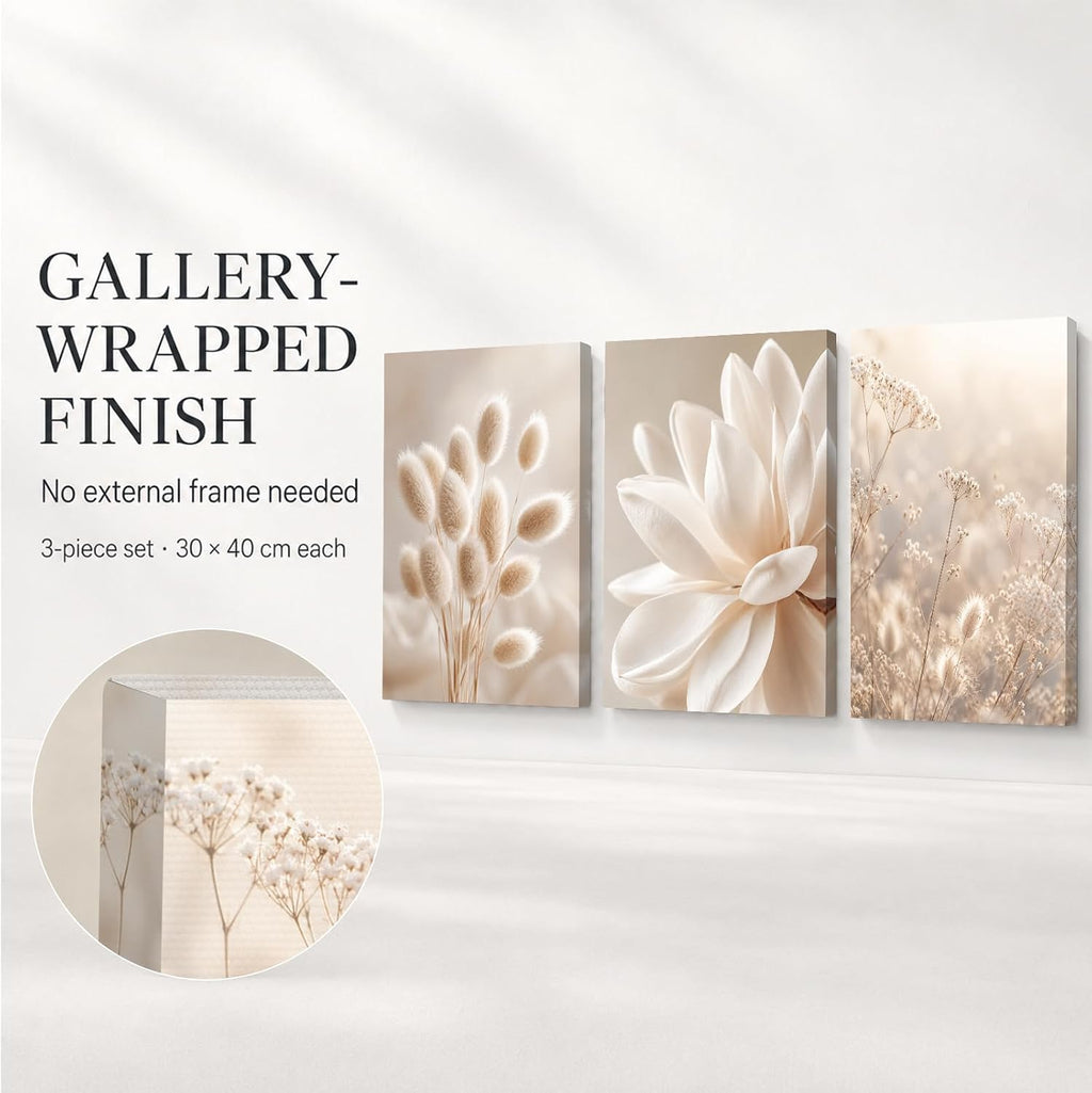 Soft Beige Floral Canvas Prints, Set of 3 Framed 12 x 16 Inch Wall Art