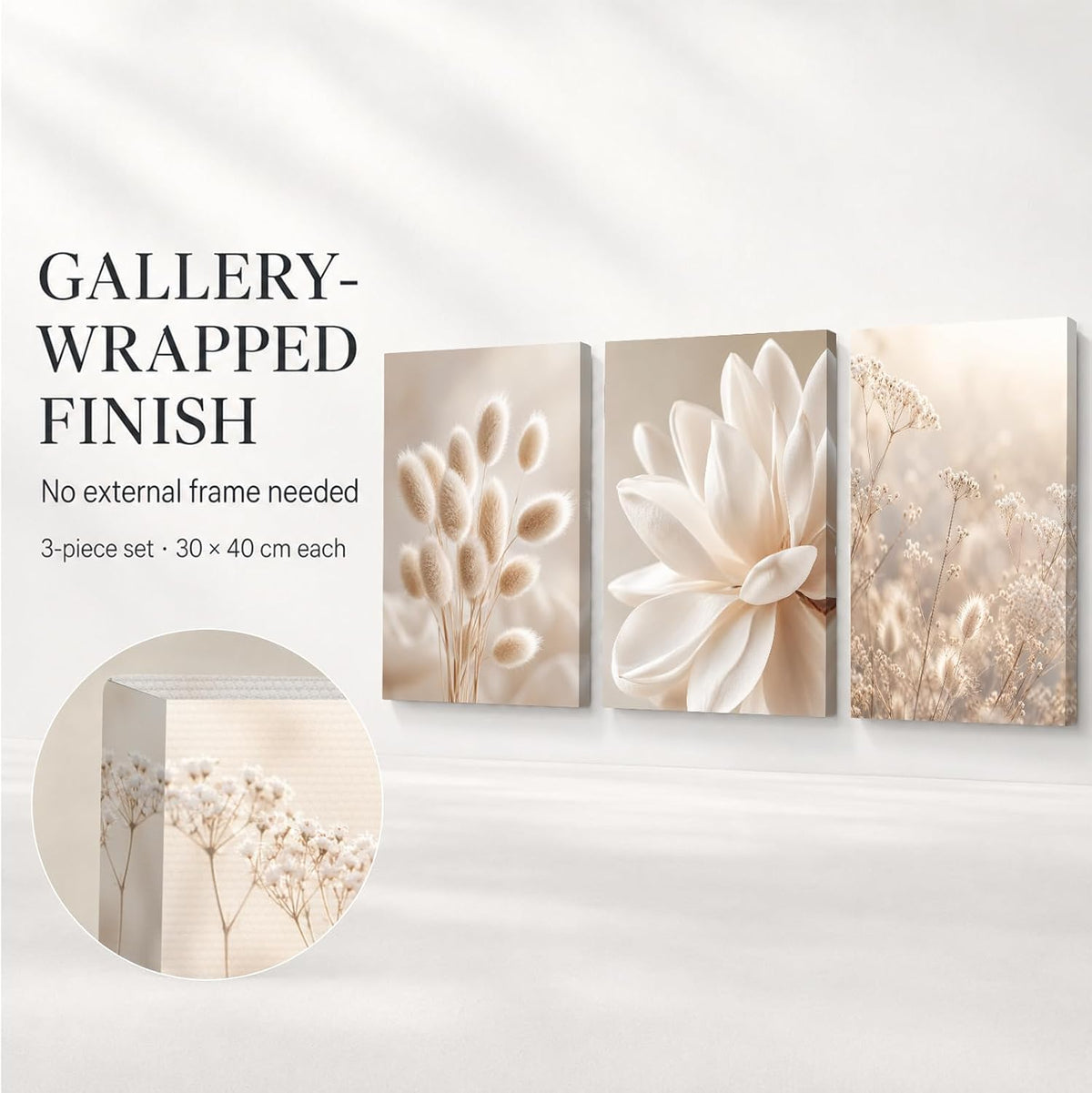 Soft Beige Floral Canvas Prints, Set of 3 Framed 12 x 16 Inch Wall Art