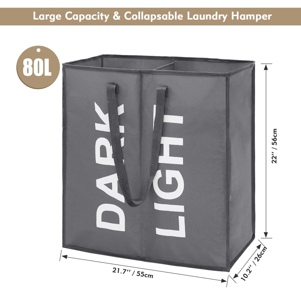 DOKEHOM 80L Collapsible Laundry Basket Bag with 2 Sections, Dark Grey