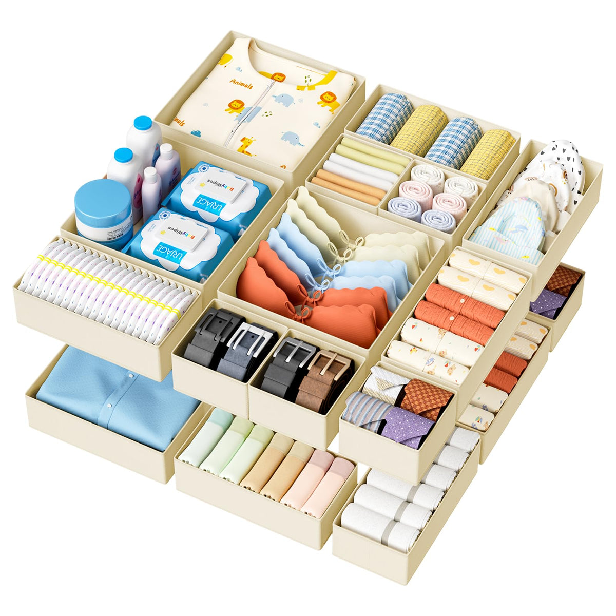 DIMJ 12 Pack Drawer Organisers Foldable Storage Box Fabric Drawer Dividers Wardrobe Storage Organiser Storage Cubes for Bras, Socks, Underwear, Ties, Scarves, Cosmetics