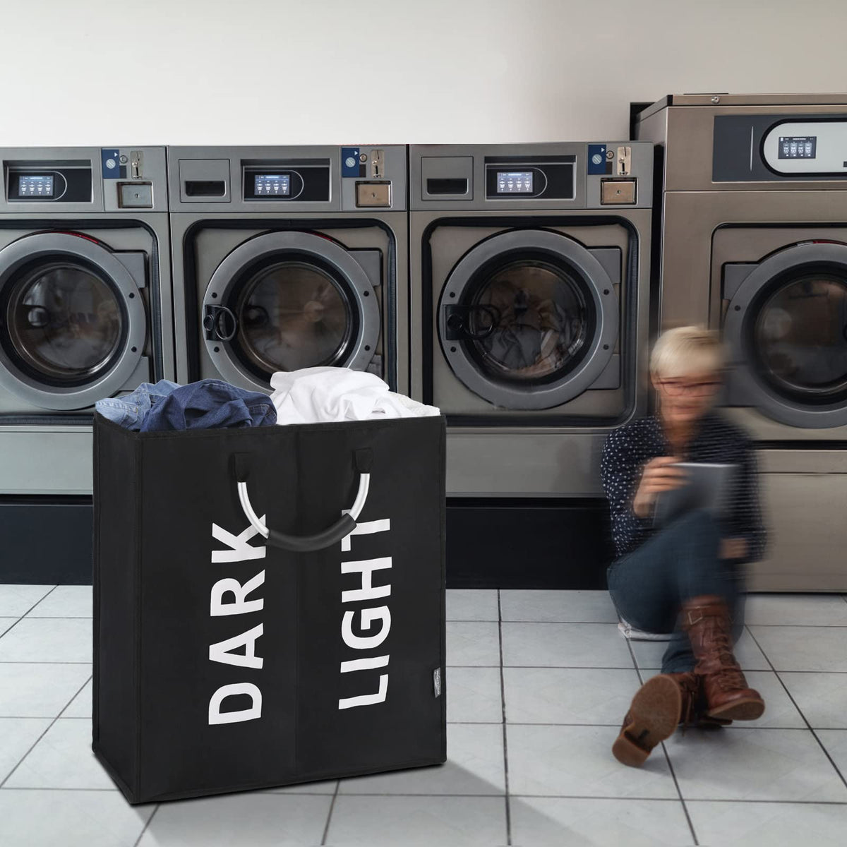 DOKEHOM 80L Collapsible Laundry Basket Bag with 2 Sections, Dark Grey