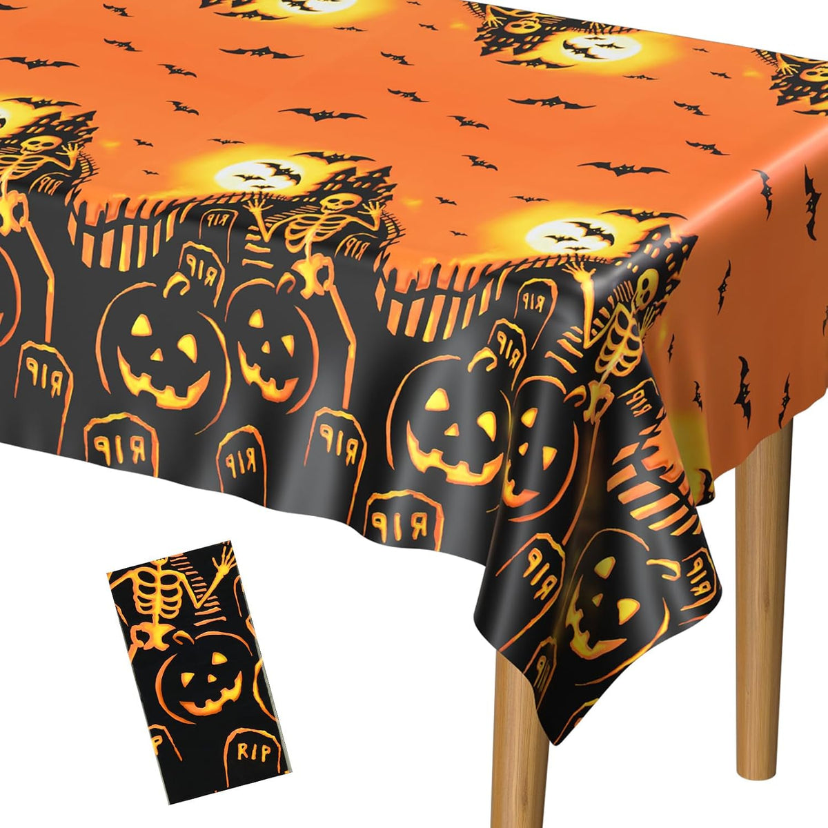 PLULON Halloween Tablecloth 137x 274cm Pumpkin Bat Skeleton Skull Plastic Table Cloth Happy Halloween Table Cover for Holiday Dinner Table Decorations Halloween Party Supplies