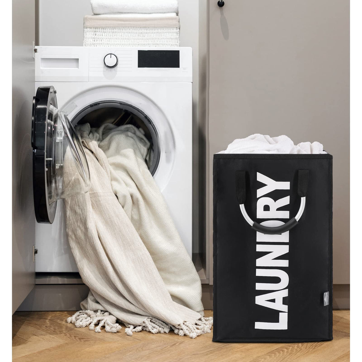 DOKEHOM 80L Collapsible Laundry Basket Bag with 2 Sections, Dark Grey