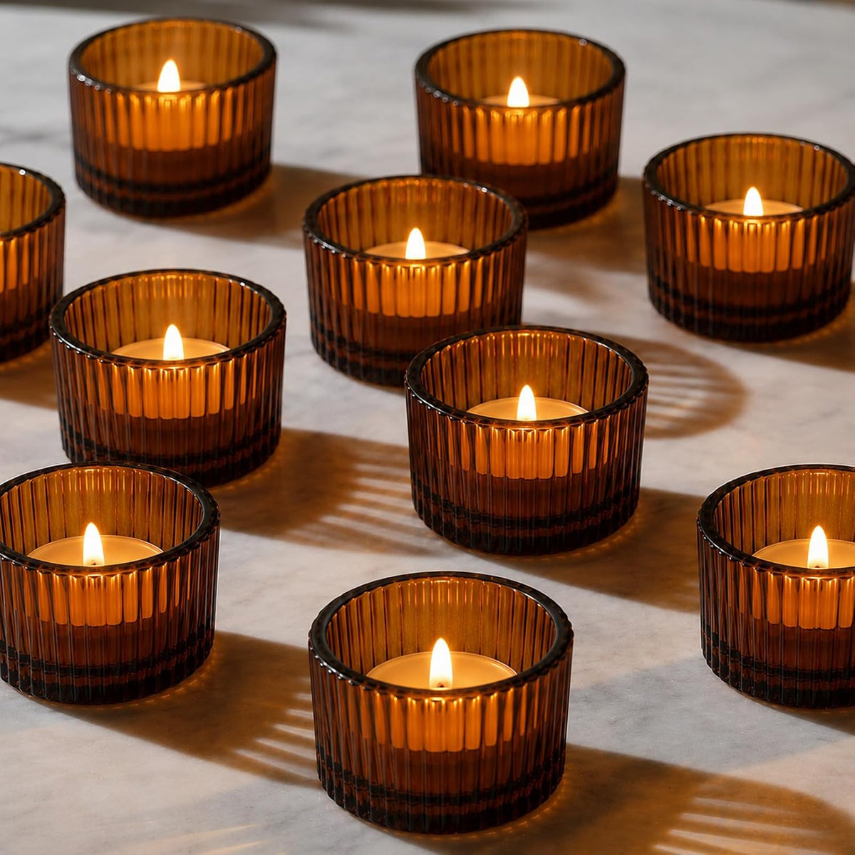 12 Pcs Amber Glass Votive Candle Holders, Small Tea Lights Candle Holder for Table Centerpiece Decor, Vintage Candle Holders for Wedding Decor Table Birthday Party Home (Amber)