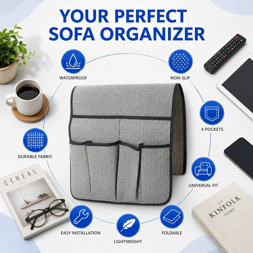 plastific Foldable Sofa Armrest Organiser with Multiple Storage Pockets