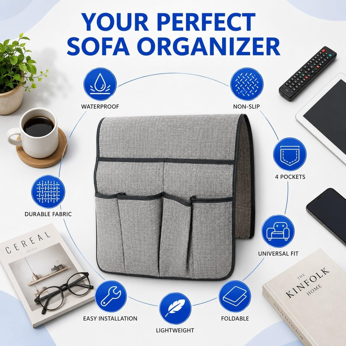 plastific Foldable Sofa Armrest Organiser with Multiple Storage Pockets