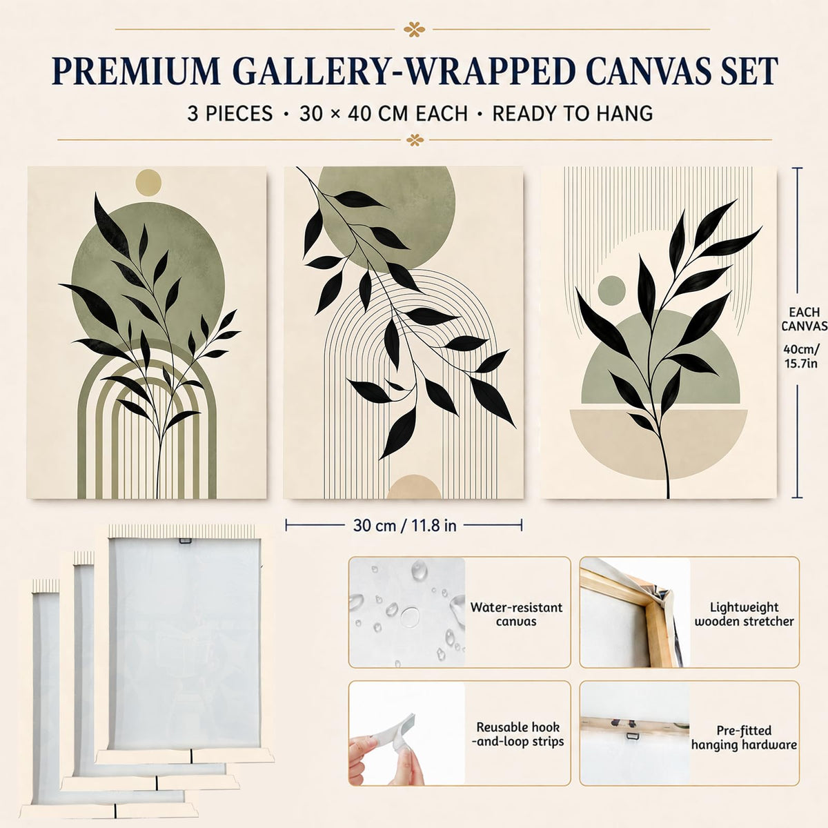 Soft Beige Floral Canvas Prints, Set of 3 Framed 12 x 16 Inch Wall Art