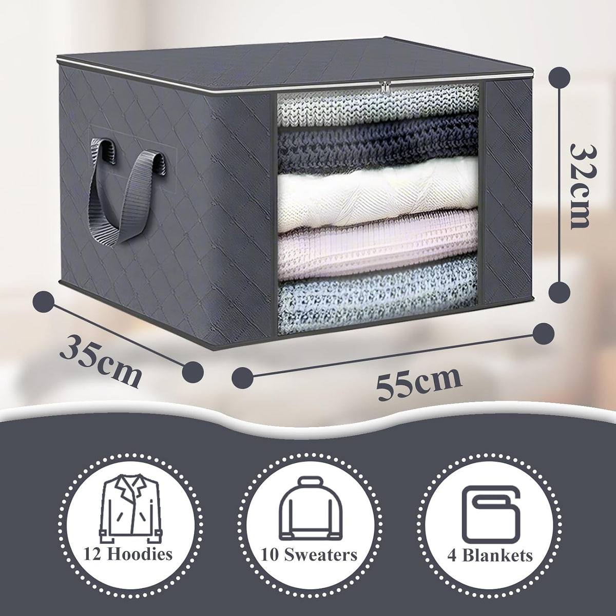 ASelected 3 Pack Clothes Storage Bag, 60L Underbed Storage Boxes with Lids, Foldable Moving Boxes with Clear Window Storage for Clothes Duvets Blankets Bedding