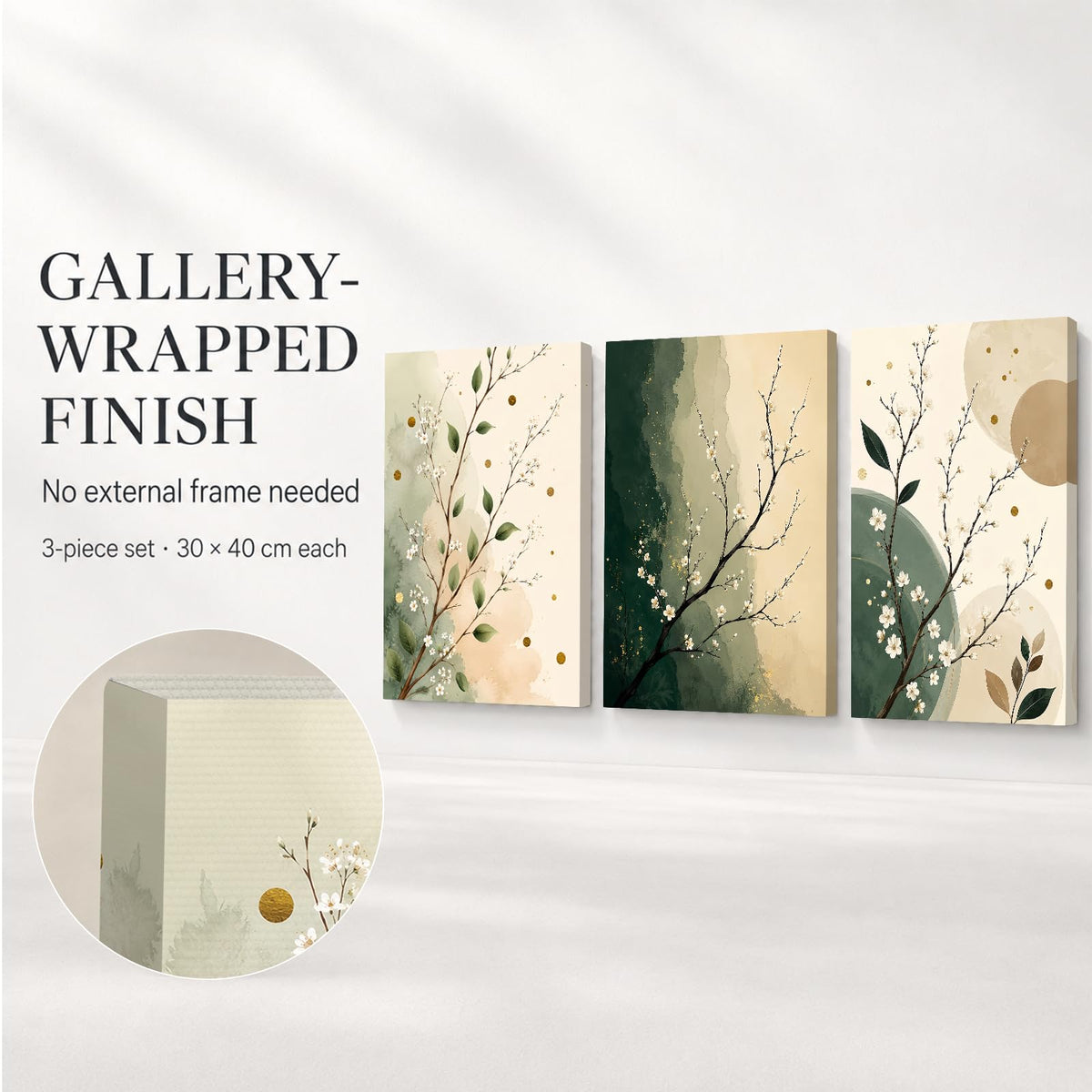 Soft Beige Floral Canvas Prints, Set of 3 Framed 12 x 16 Inch Wall Art