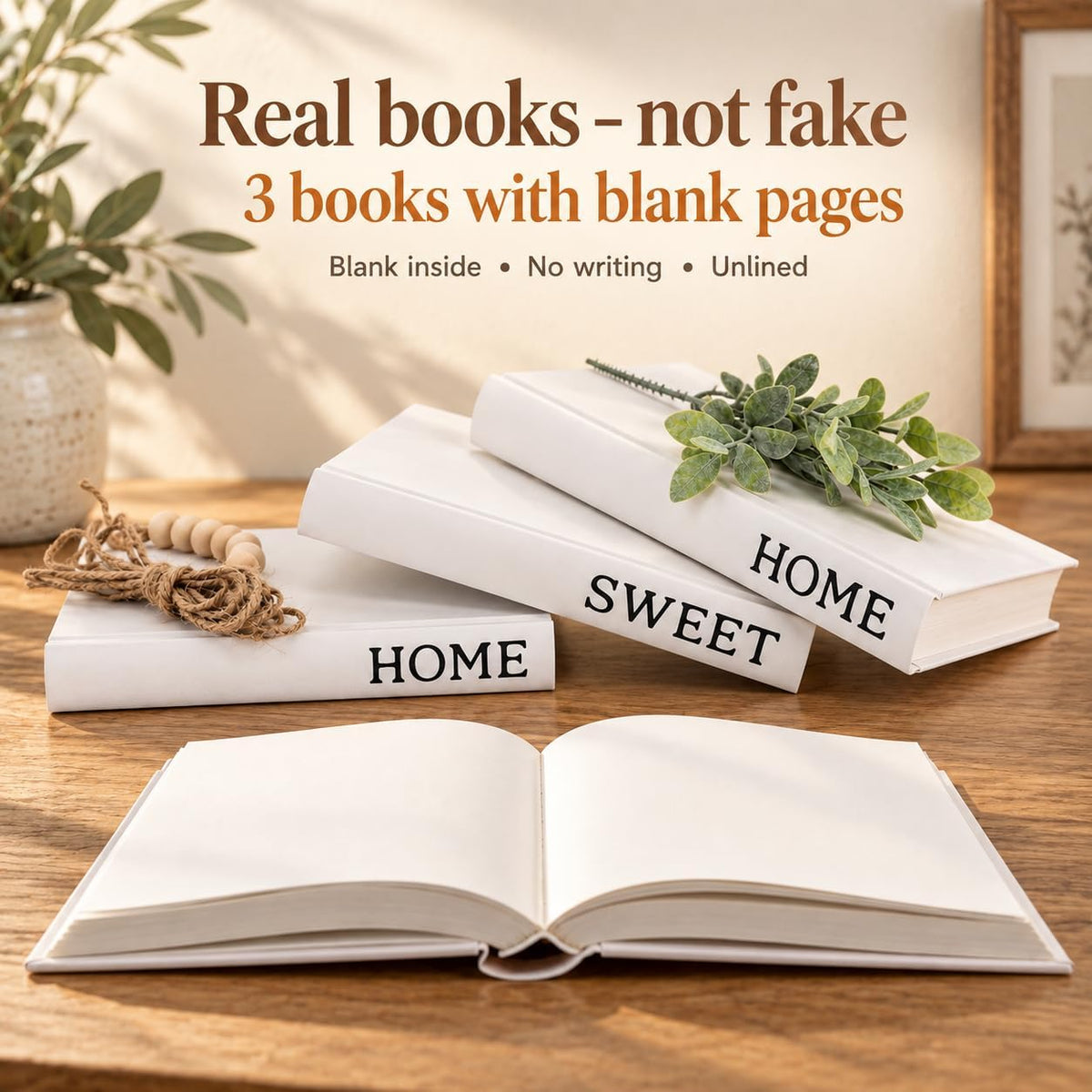 Decorative White Books, Hardcover Books Decorative, Set of 3 Stacked Book for Decorating Coffee Tables and Shelves (Home|Sweet|Home)